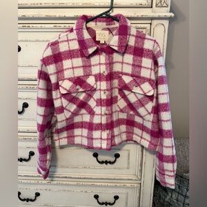 Thread and Supply Cropped Plaid Shacket pink and white size small